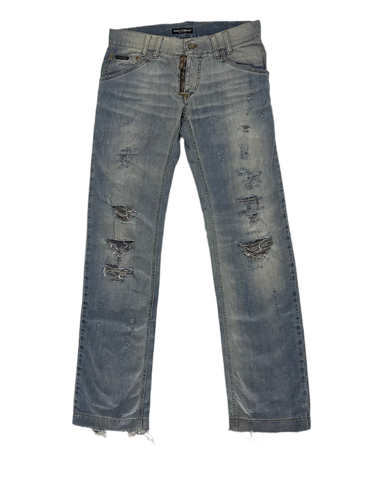 Dolce & Gabbana Gold Plaque Ripped Denim Jeans